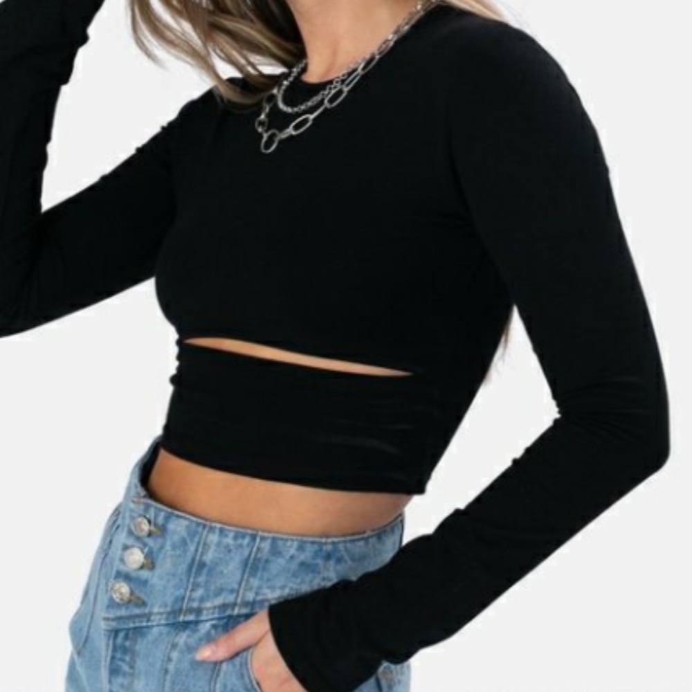 Adika Black Long Sleeve Crop Top with Slit on Ribs